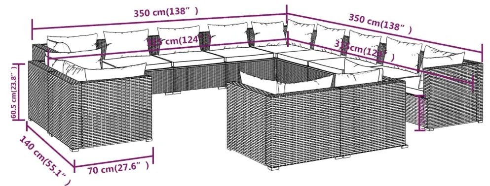 Set Divani da Giardino 13 pz con Cuscini in Polyrattan Marrone