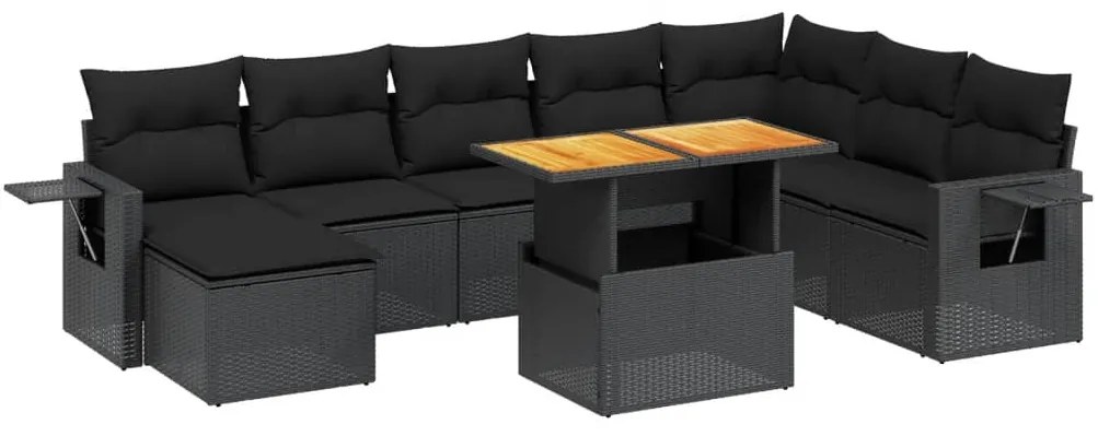 Set divani da giardino 9 pz con cuscini nero in polyrattan