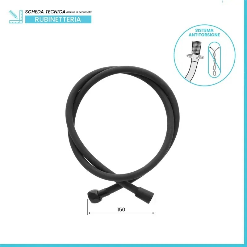 Laccio doccia 150 cm in silicone nero antitorsione Hidra
