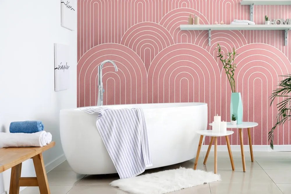 Carta da parati autoadesiva – Motivo arcobaleno Mid-Century rosa antico