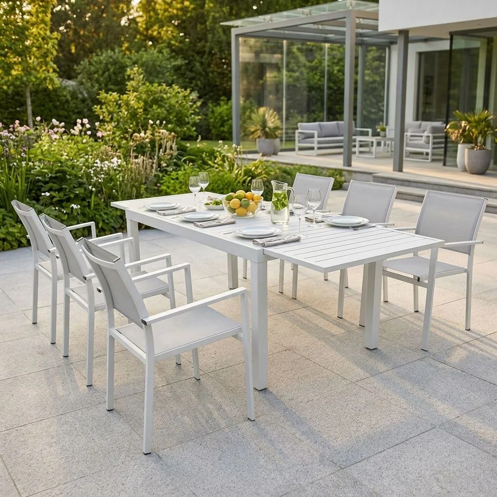 DEXTER - set tavolo in alluminio cm 160/240 x 90 x 75 h con 6 poltrone Venus