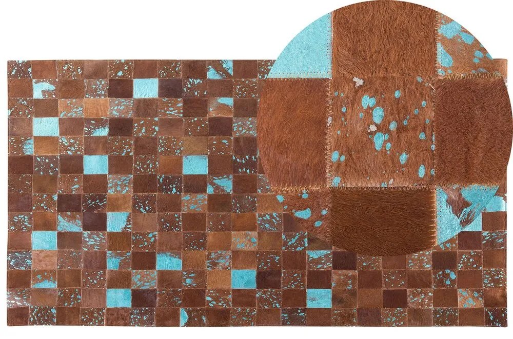 Tappeto patchwork in pelle marrone e blu 80 x 150 cm ALIAGA Beliani