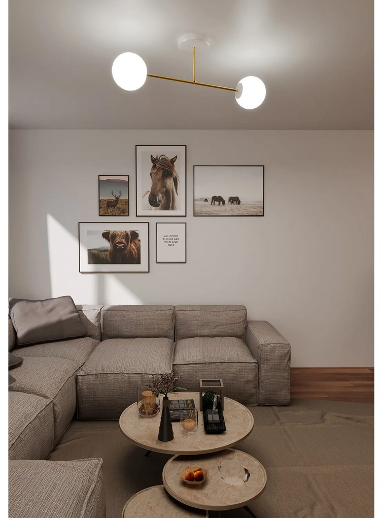 Plafoniera Moderna Magnium 2 Luci In Acciao Oro E Sfere In Vetro Bianco