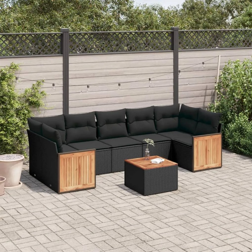 Set divani da giardino con cuscini 8 pz nero in polyrattan