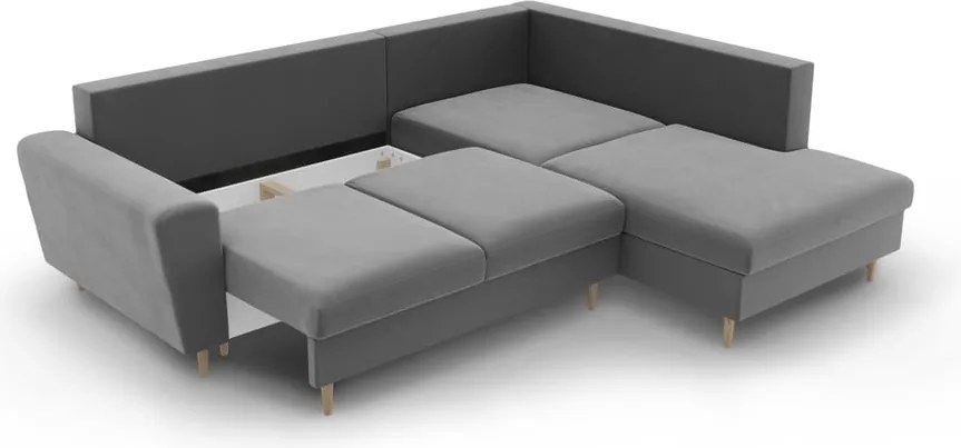 Divano angolare grigio chiaro allungabile e con contenitore (con penisola a destra/a L) con rivestimento in velluto Kyoto – Cosmopolitan Design