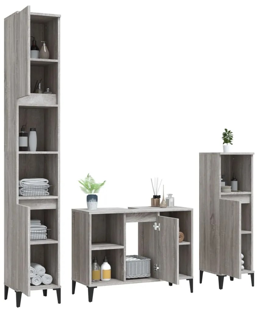 Set mobili da bagno 3 pz grigio sonoma in legno multistrato
