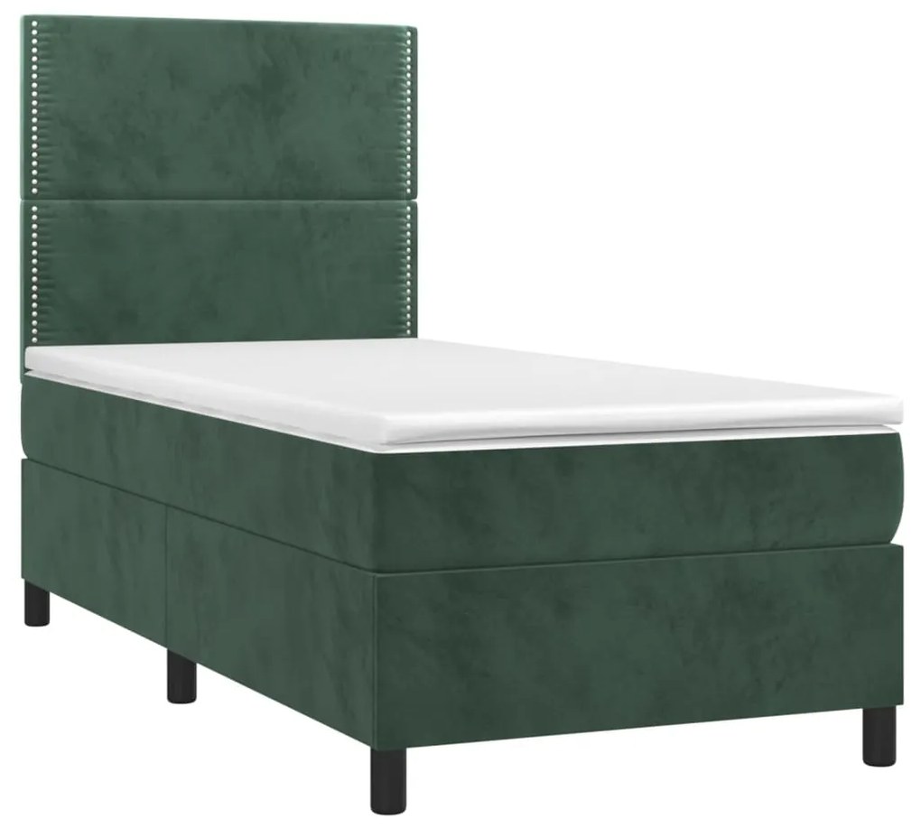 Letto a molle con materasso e led verde scuro 100x200cm velluto