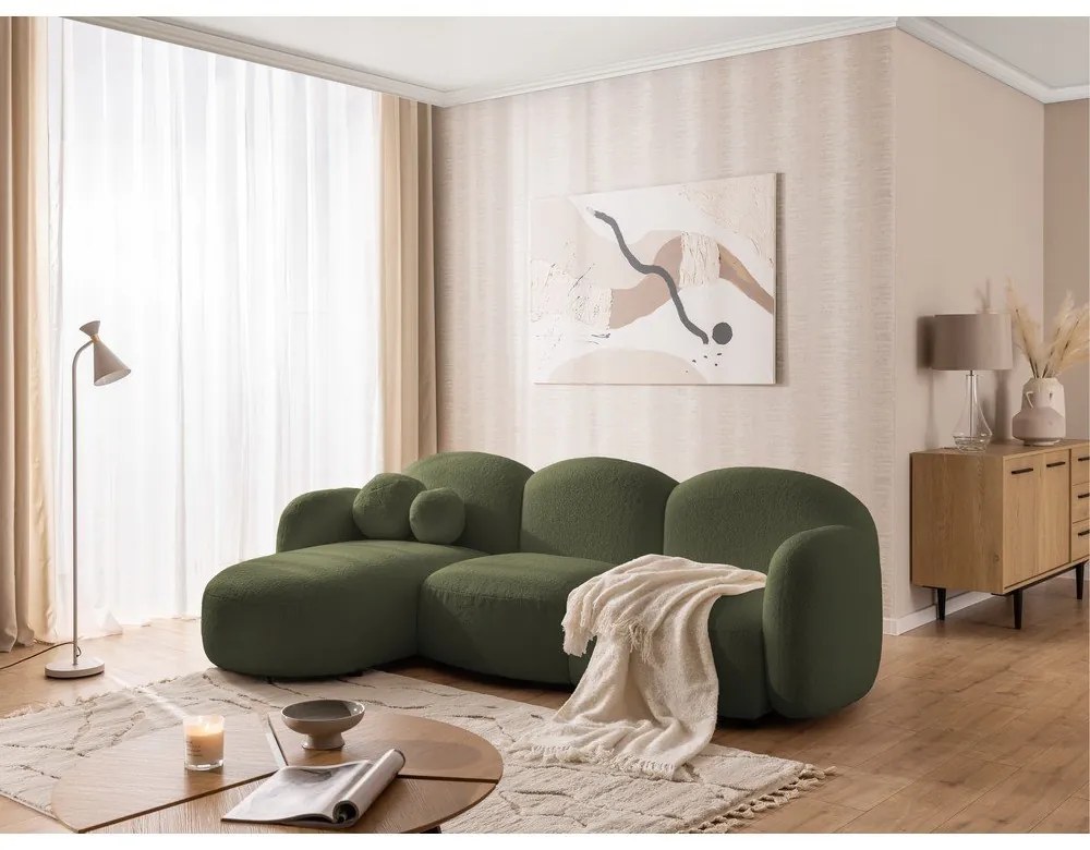 Divano angolare verde (con penisola a sinistra/con chaise lounge) con rivestimento in bouclé Orbit – Ropez