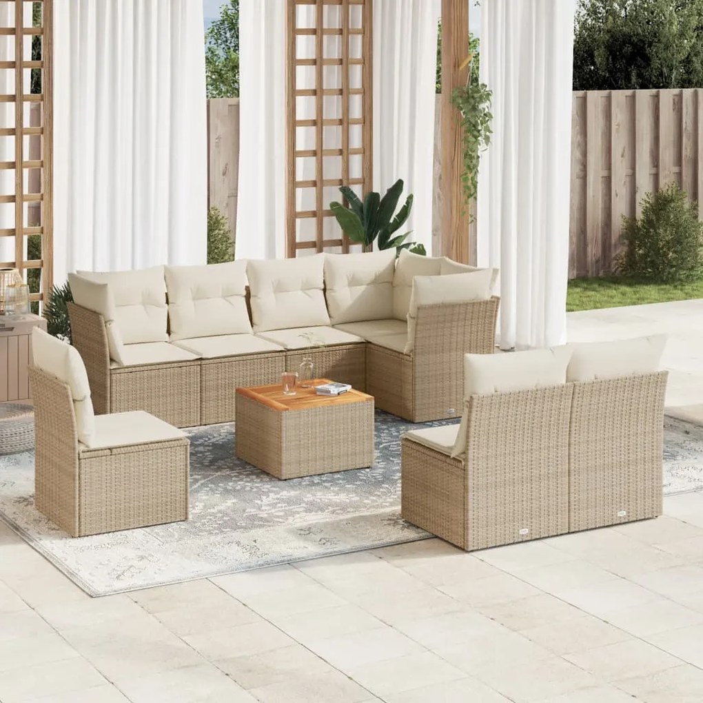 Set Divano da Giardino 9 pz con Cuscini Beige in Polyrattan