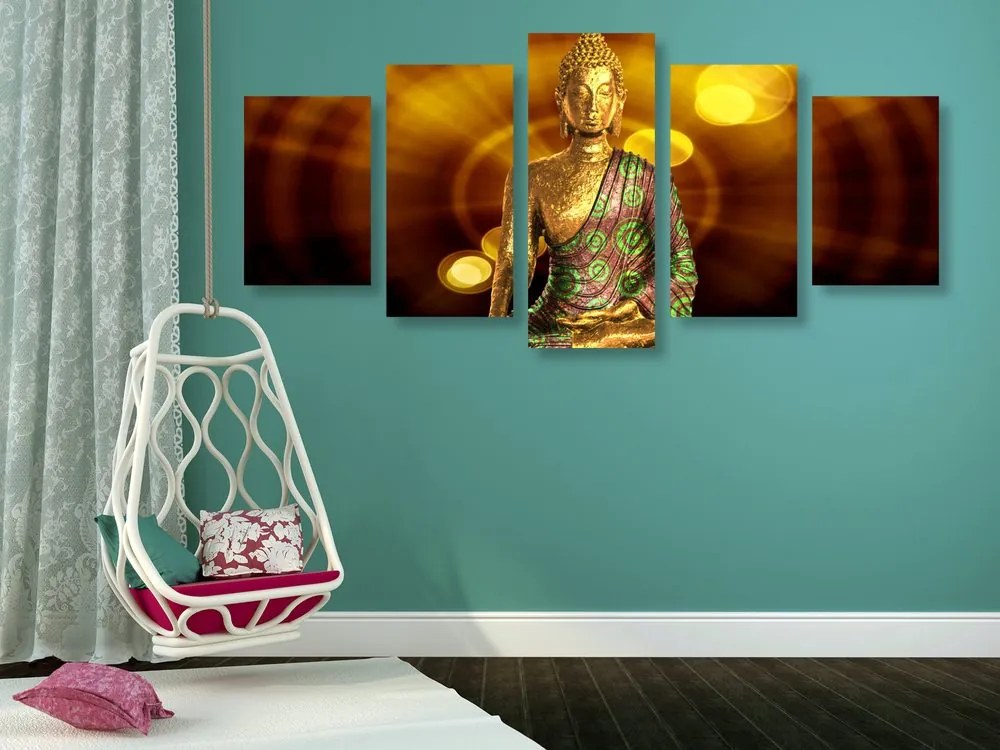 Quadri 5 pezzi – Statua di Buddha con sfondo astratto
