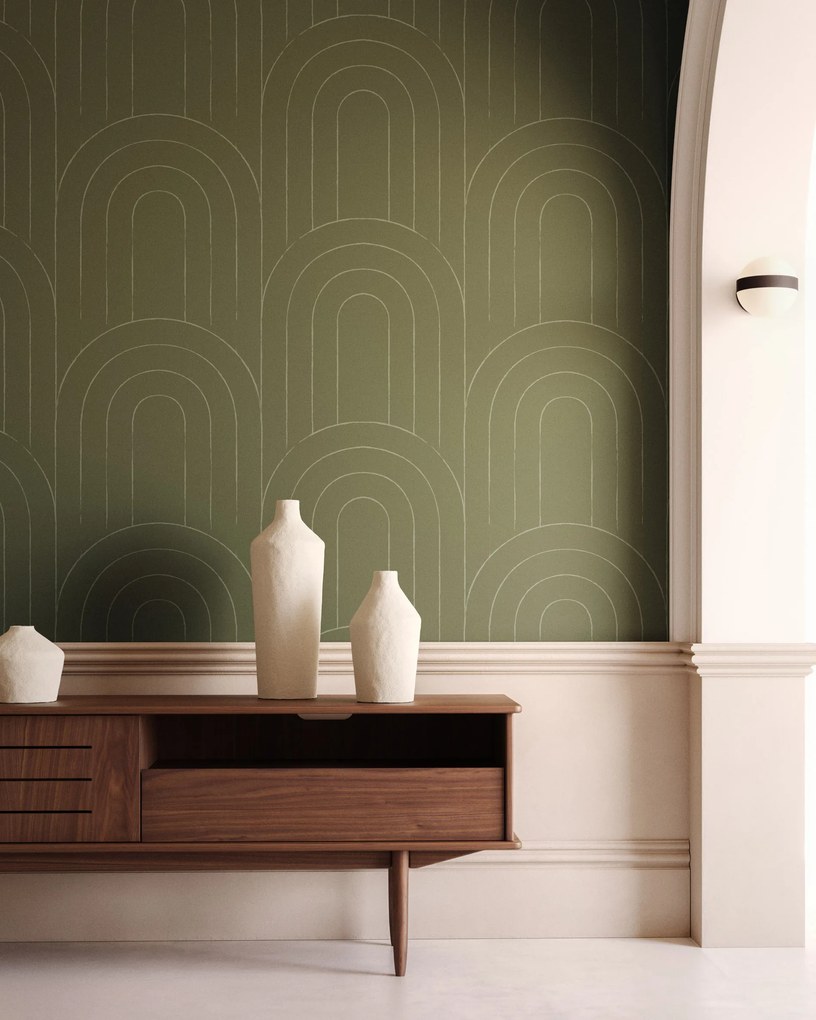 Kave Home - Carta da parati Arcadia con archi verde 10 x 0,53 m FSC MIX Credit