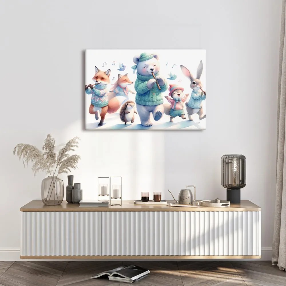 Quadro su tela – Parata musicale di animali nel paesaggio invernale