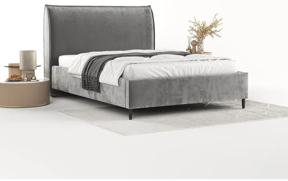 Letto matrimoniale imbottito grigio con spazio contenitivo e rete 140x200 cm Shell - Maison de Rêve