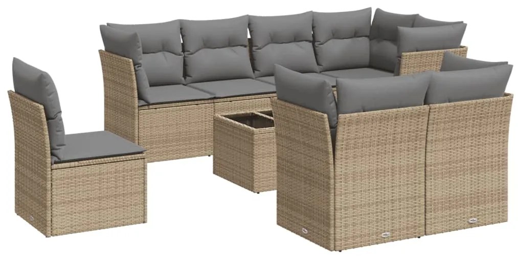 Set divano da giardino 9 pz con cuscini beige in polyrattan