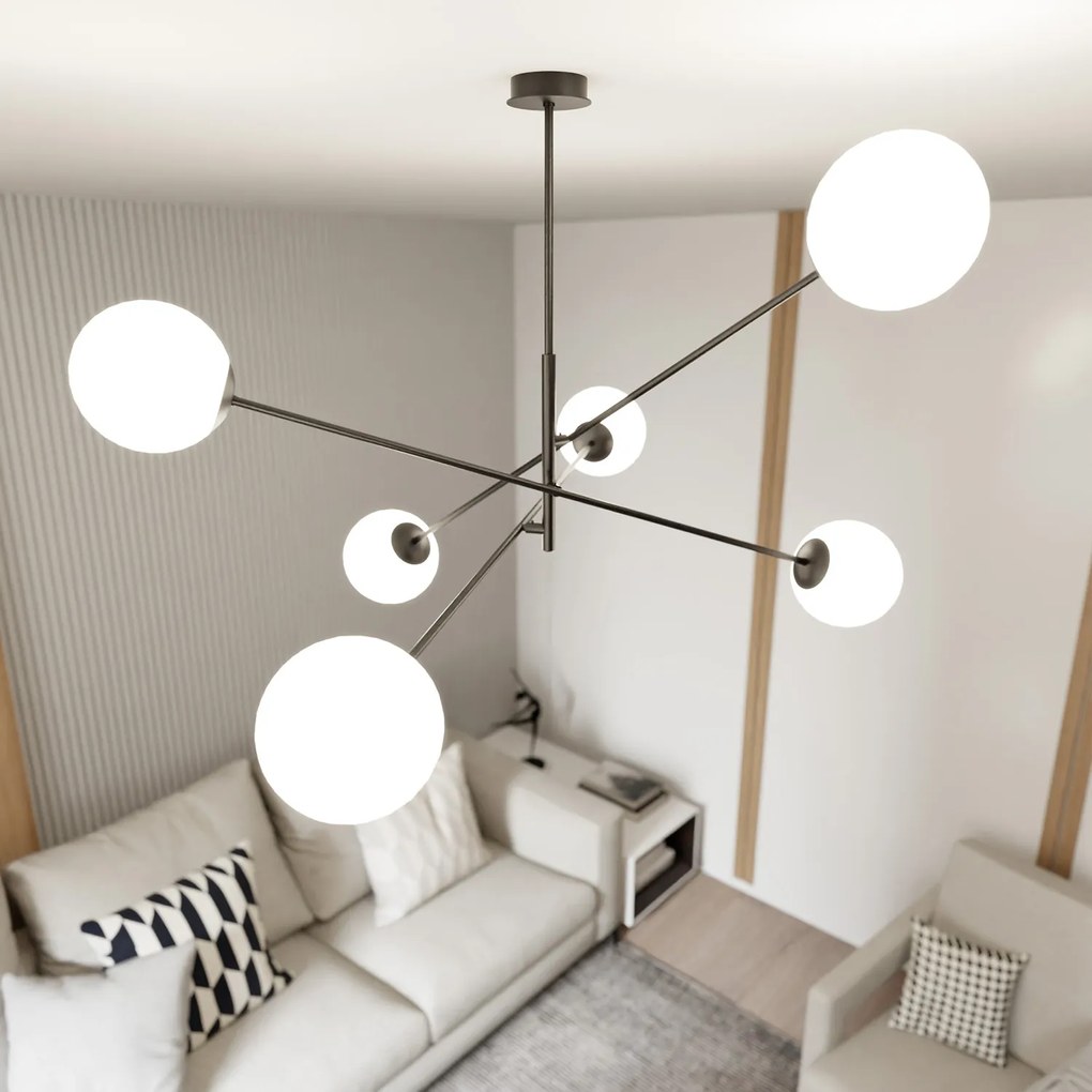 Lampadario 6 Luci Yama In Acciao Nero Con Bracci Regolabili E Vetro Opale
