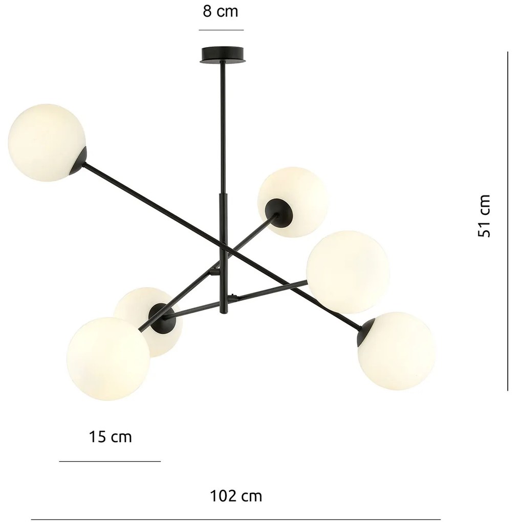 Lampadario 6 Luci Yama In Acciao Nero Con Bracci Regolabili E Vetro Opale
