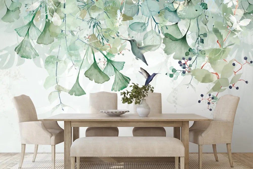 Carta da parati – Foglie Verdi con Colibrì