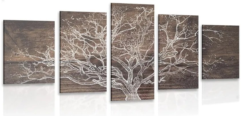 Quadri 5 pezzi – Corona dell'albero su sfondo di legno