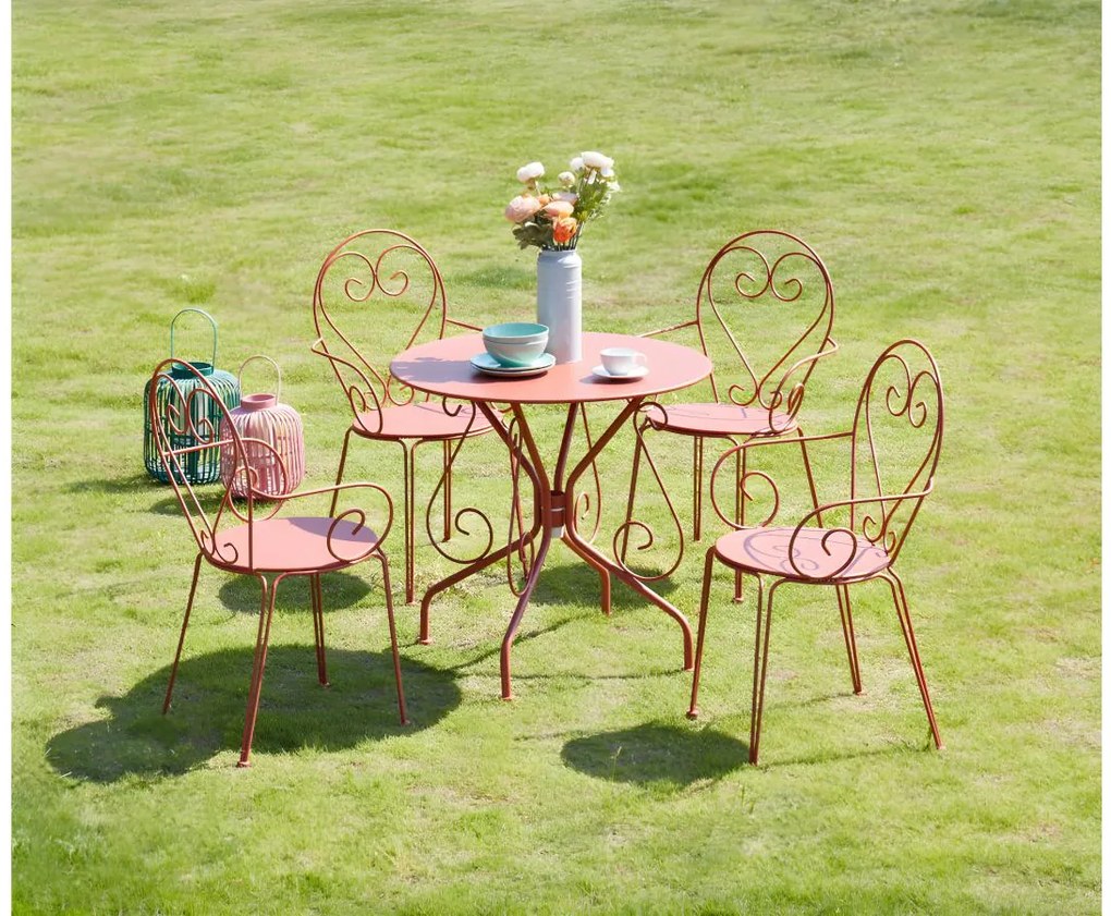 Sala da pranzo da giardino in metallo effetto ferro battuto GUERMANTES: un tavolo e 4 poltrone colore terracotta