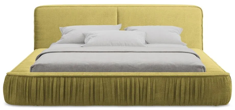 Letto matrimoniale imbottito giallo con contenitore e rete inclusi 140x200 cm Keoni – Makamii