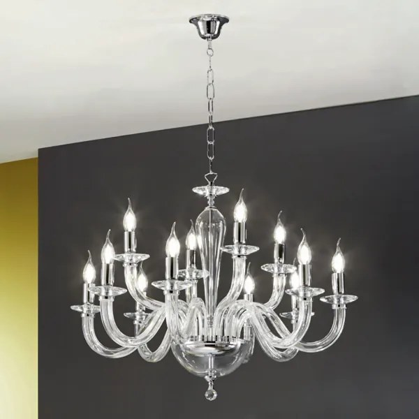 Lampada a sospensione RAVEL 12 luci in vetro lavorato a mano D82 cm CROMO