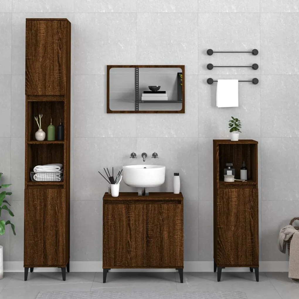 Set mobili da bagno 3 pz rovere marrone in legno multistrato