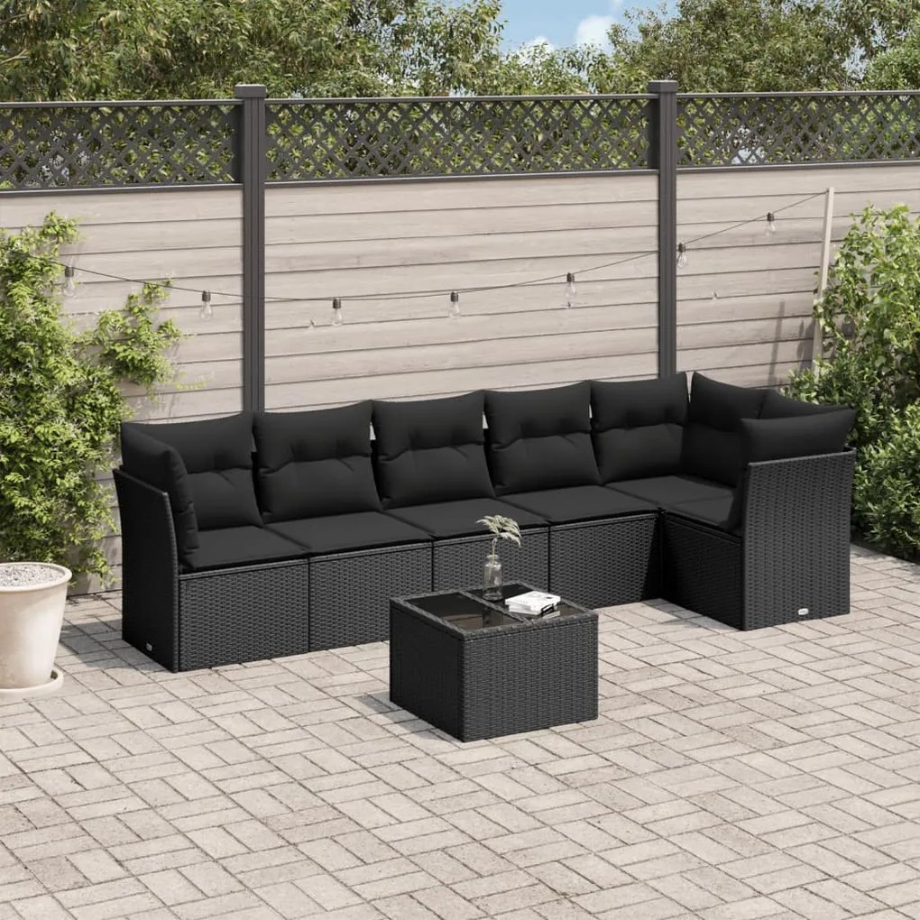 Set Divani da Giardino con Cuscini 7pz Nero Polyrattan