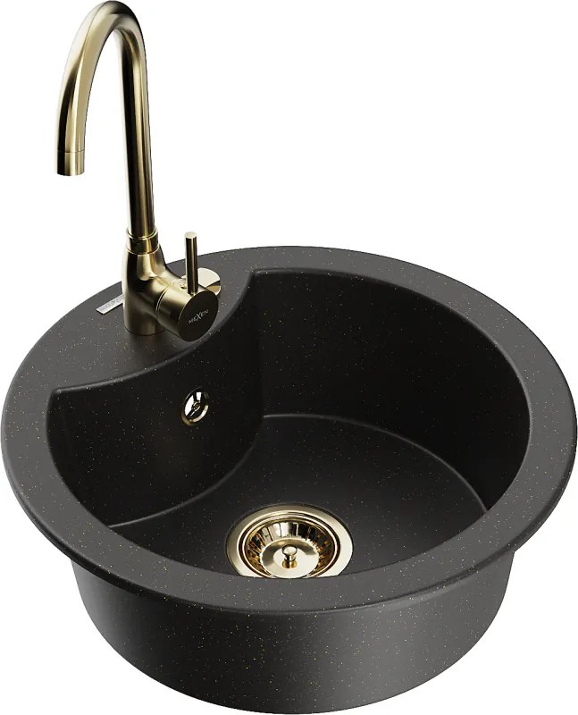 Mexen Diego lavello da cucina in granito a 1 vasca con rubinetto Telma, nero/oro - 6512-75-670200-50