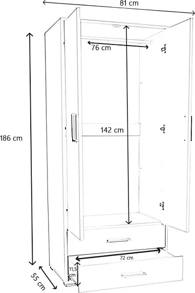 Armadio in legno con 2 ante 2 cassetti e appendiabiti interno Noce