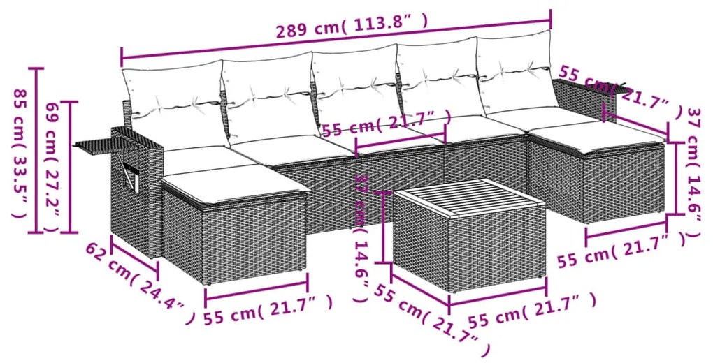 Set Divano da Giardino 8 pz con Cuscini Grigio in Polyrattan