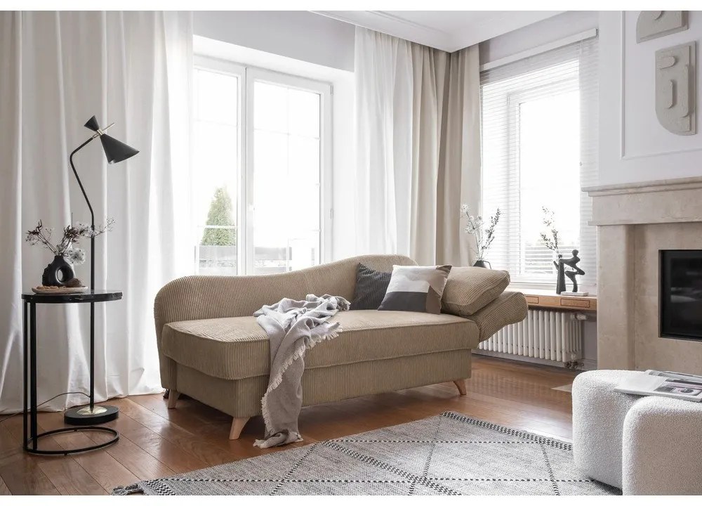 Chaise longue grigio tortora (con penisola a destra) con rivestimento in velluto a coste Chic Charlotte – Miuform