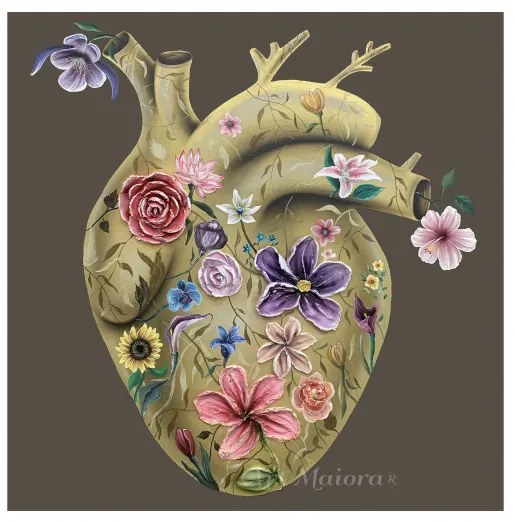 Art Maiora Quadro moderno dipinto su tela "Flowery Heart gold 2" 100x100