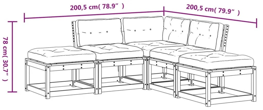 Set Divani Giardino 5 pz con Cuscini in Legno Massello di Pino