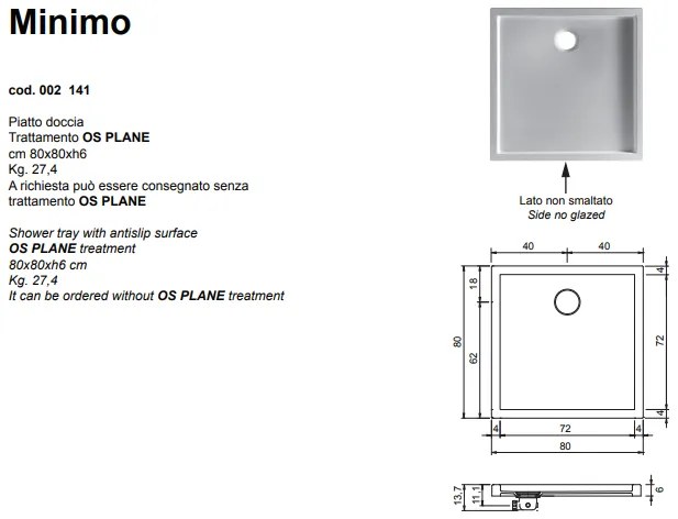 Minimo Piatto Doccia Antiscivolo 80x80 Bianco Lucido