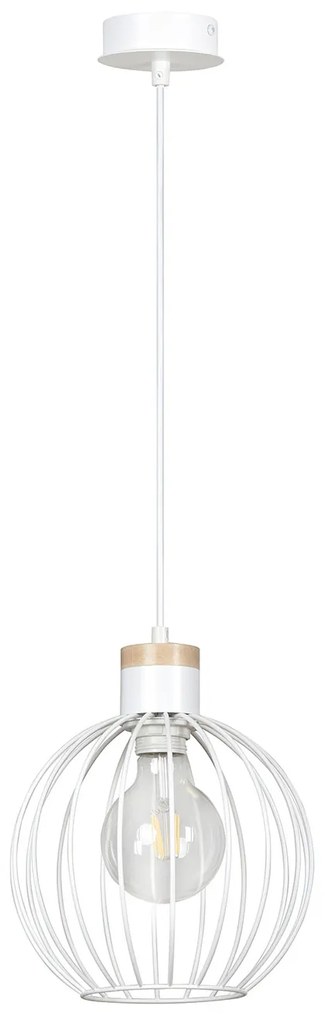 Sospensione 1 Luce Morgana Paralume A Gabbia In Acciaio Bianco E Legno Naturale