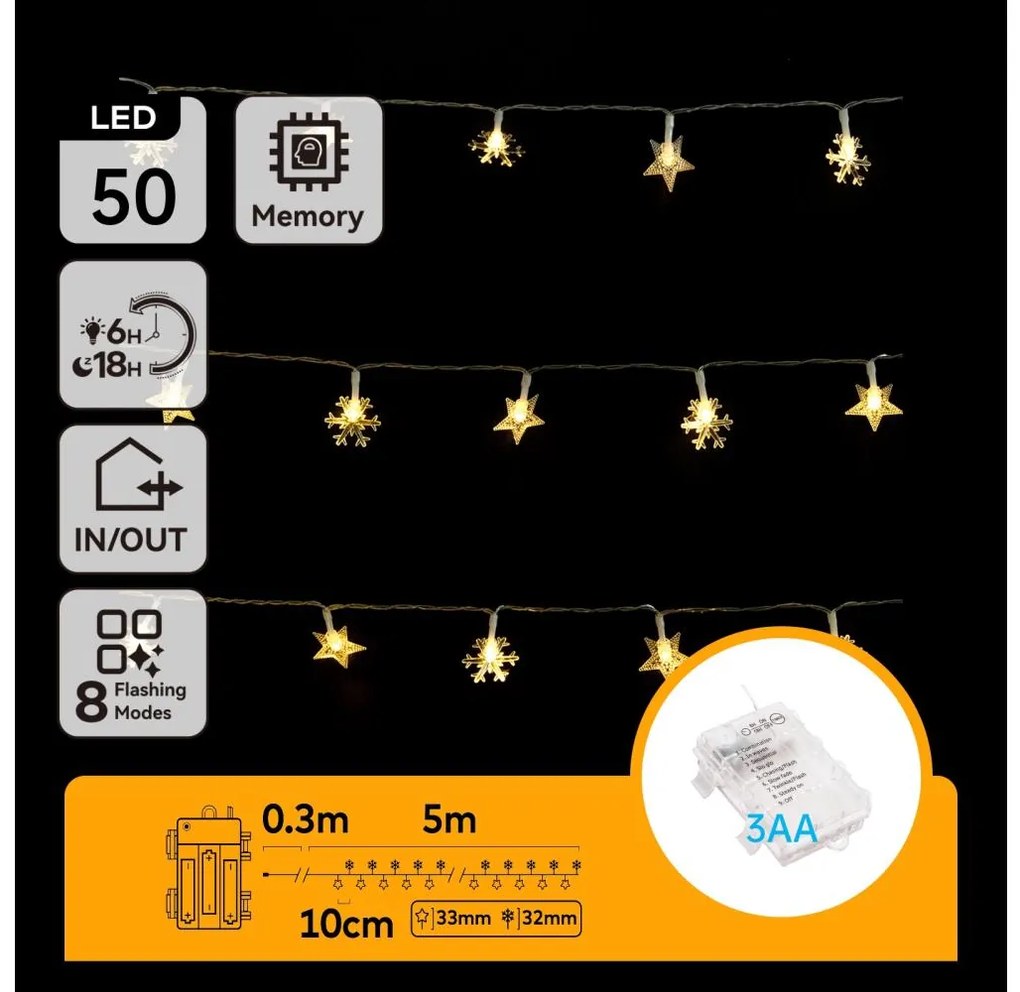 Aigostar - Catena luminosa natalizia da esterno 50 LED/8 funzioni, 3xAA, 5 m, IP44, bianco caldo, stelle