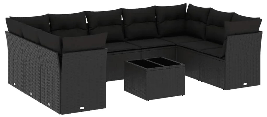 Set divani da giardino 10pz con cuscini in polyrattan nero