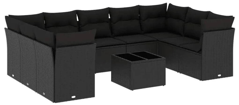 Set divani da giardino 10pz con cuscini in polyrattan nero