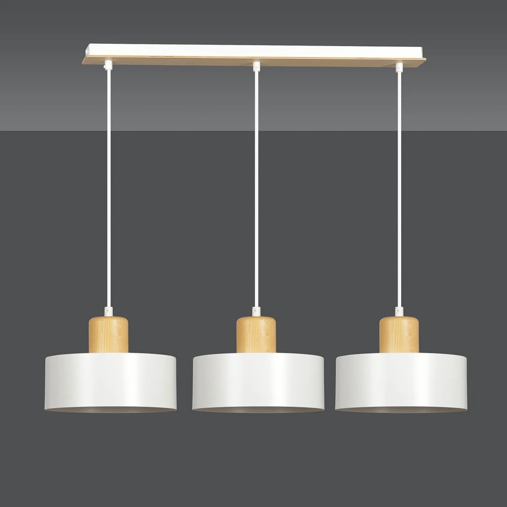 Sospensione Nordica 3 Luci Surya In Acciaio Bianco E Legno
