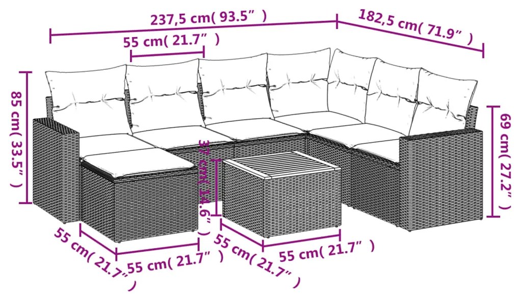 Set divani da giardino con cuscini 8 pz nero in polyrattan