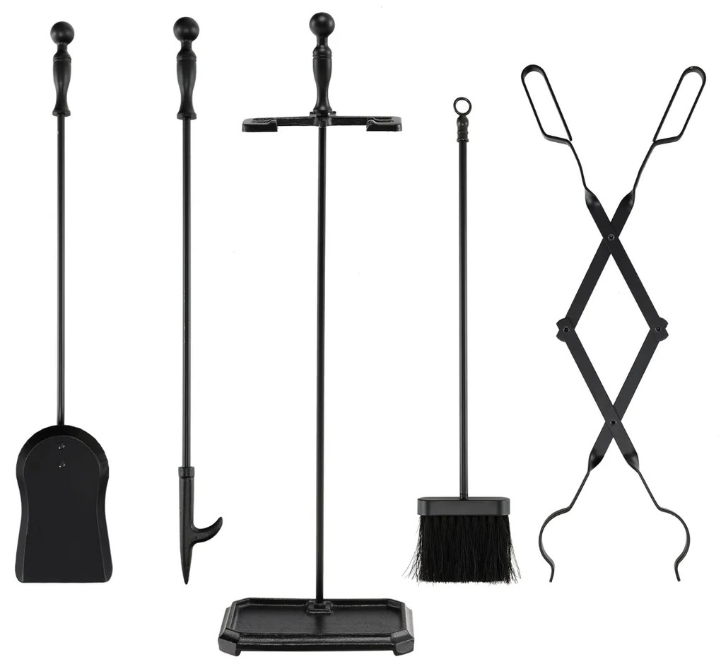 Costway Set attrezzi per camino 5 pezzi con spatola pinza attizzatoio raccattino, Attizzatoio per camini Nero