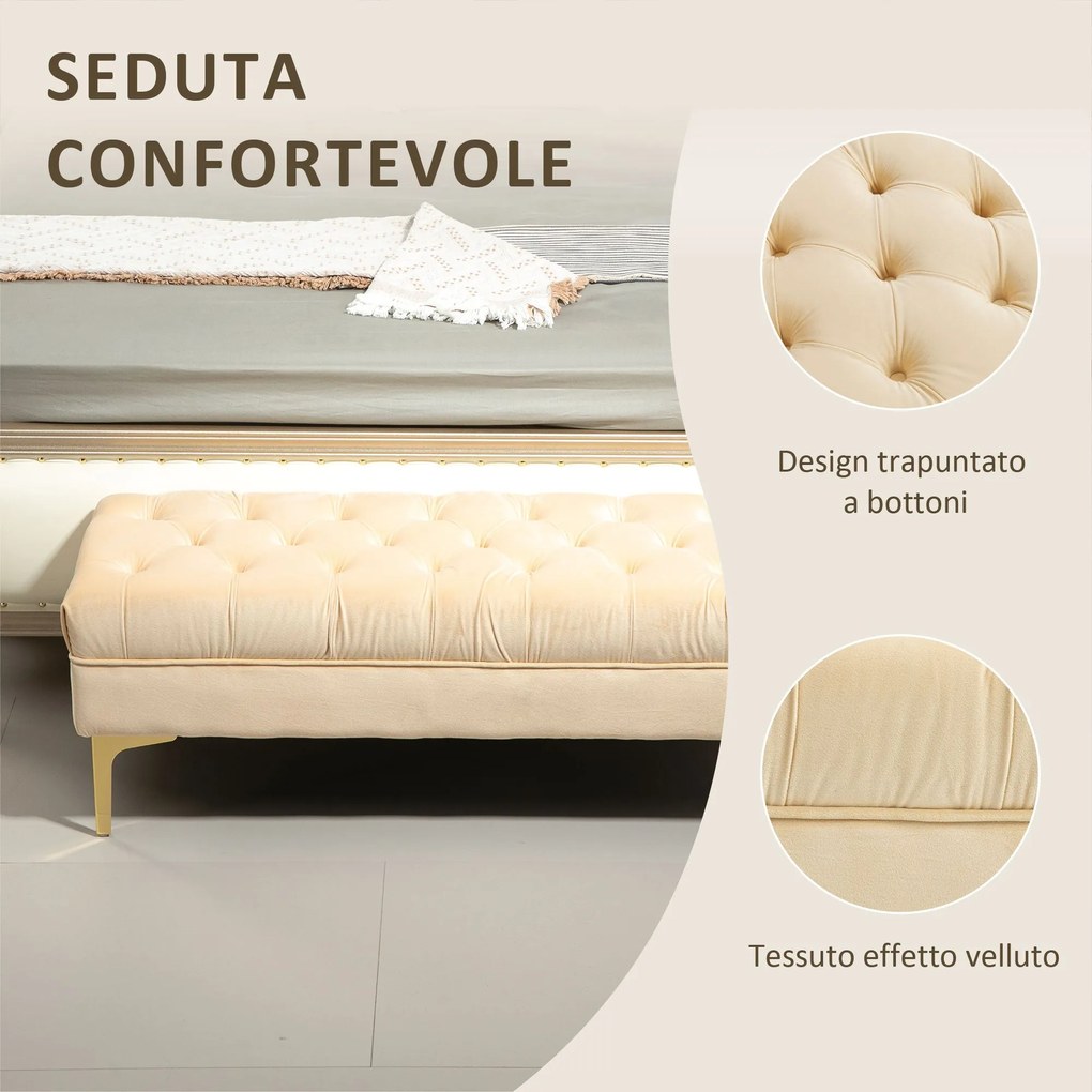 Panca Fondo Letto Imbottita con Rivestimento Trapuntato in Effetto Velluto 118x45x42 cm Beige...
