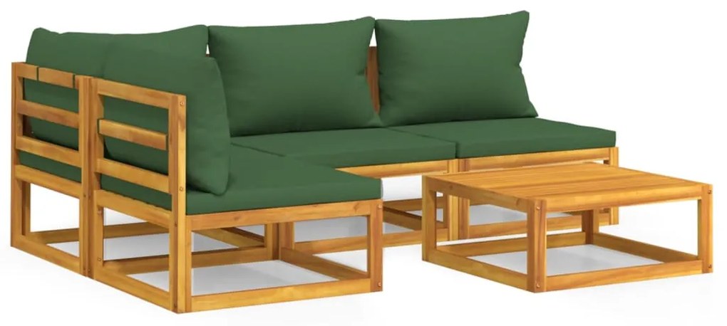 Set salotto da giardino 5pz con cuscini verdi legno massello