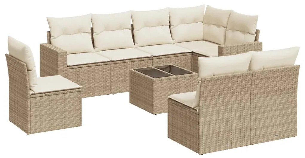 Set divano da giardino 9 pz con cuscini beige in polyrattan