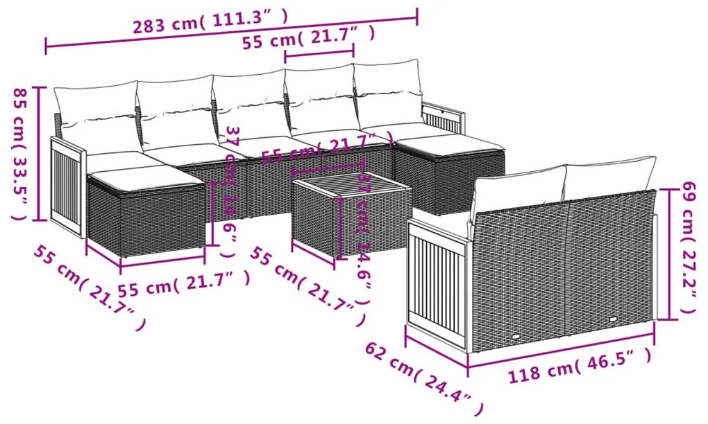 Set divano da giardino 10 pz con cuscini grigio in polyrattan