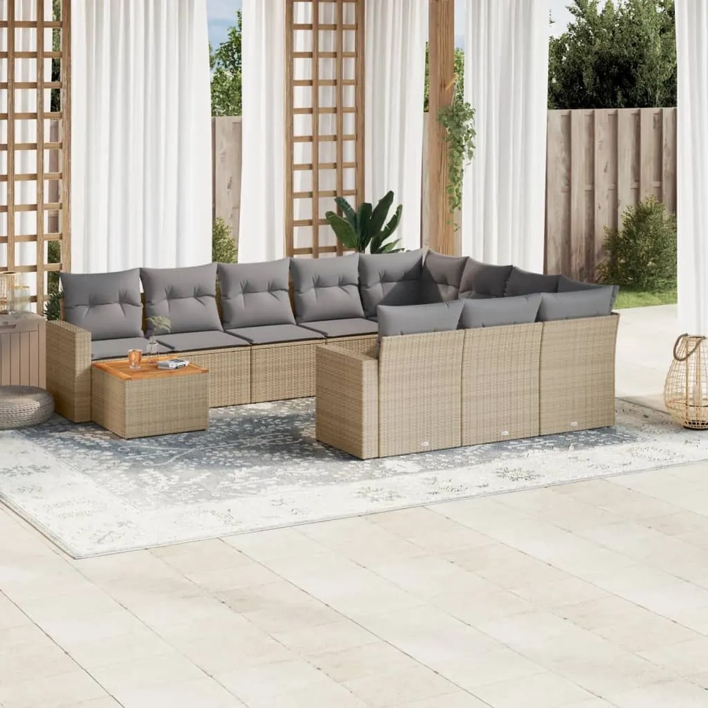 Set divano da giardino 11 pz con cuscini beige misto polyrattan