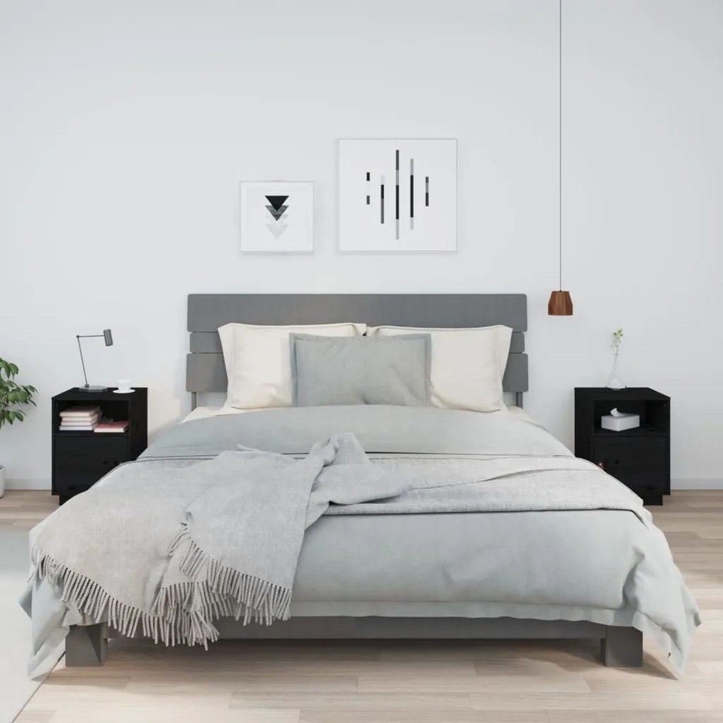 Comodini Neri 2 Pz 40x34x55 Cm İn Legno Massello Di Pino /