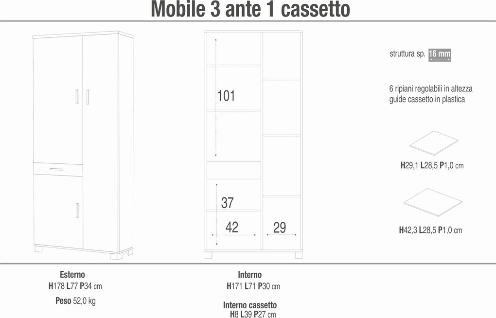 XEON - armadio con tre ante ed un cassetto