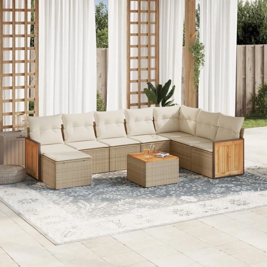 Set divano da giardino 9 pz con cuscini beige in polyrattan