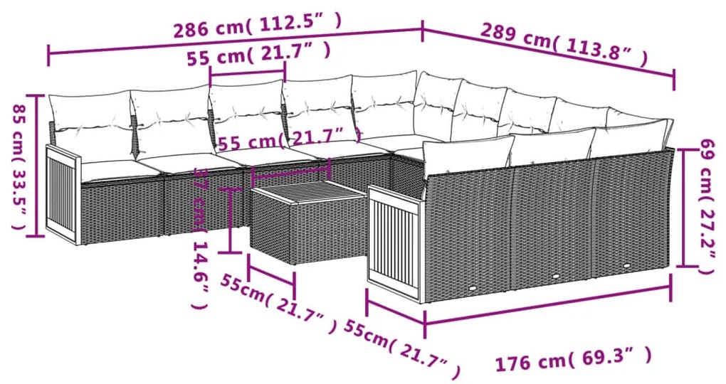 Set divani da giardino 12 pz con cuscini nero in polyrattan